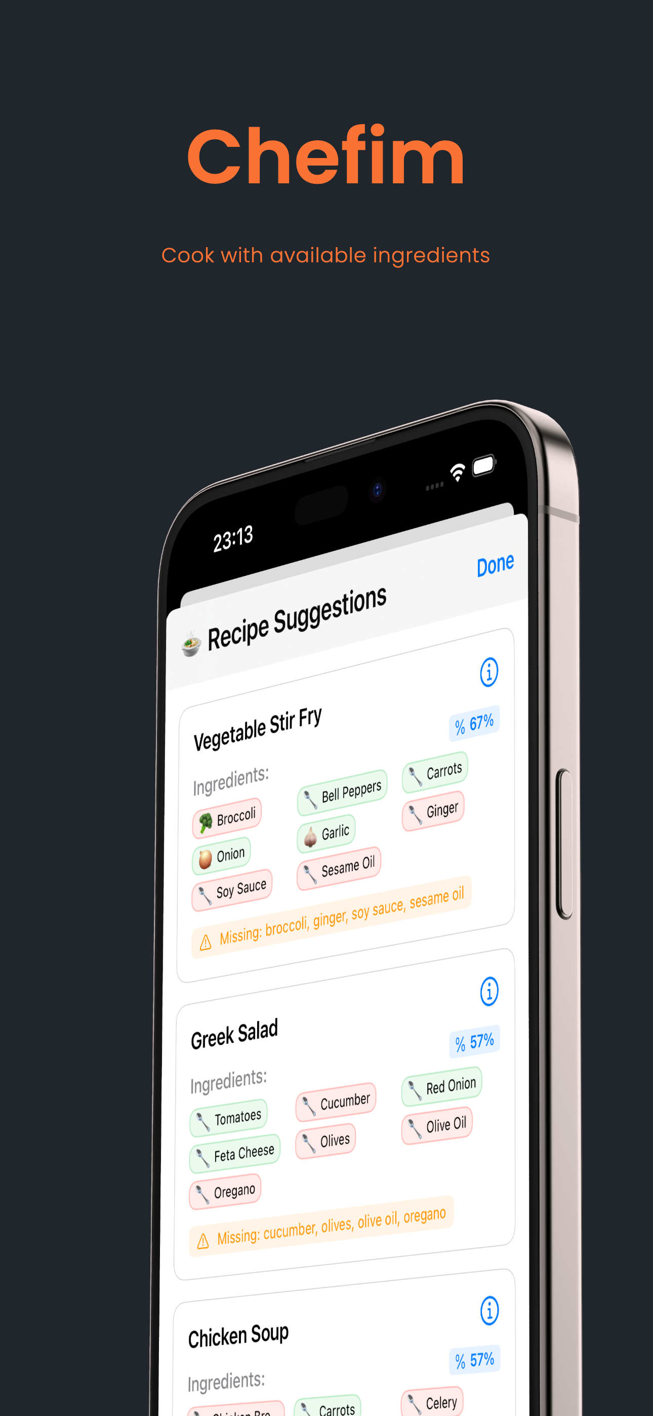 Chefim - Main app interface showing smart recipe finder Chefim app main interface screenshot