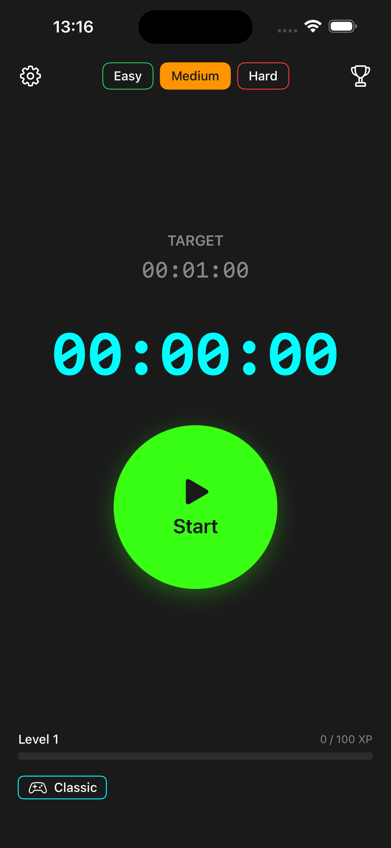 Chrono Tap - Main app interface showing perfect millisecond reflex Chrono Tap app main interface screenshot