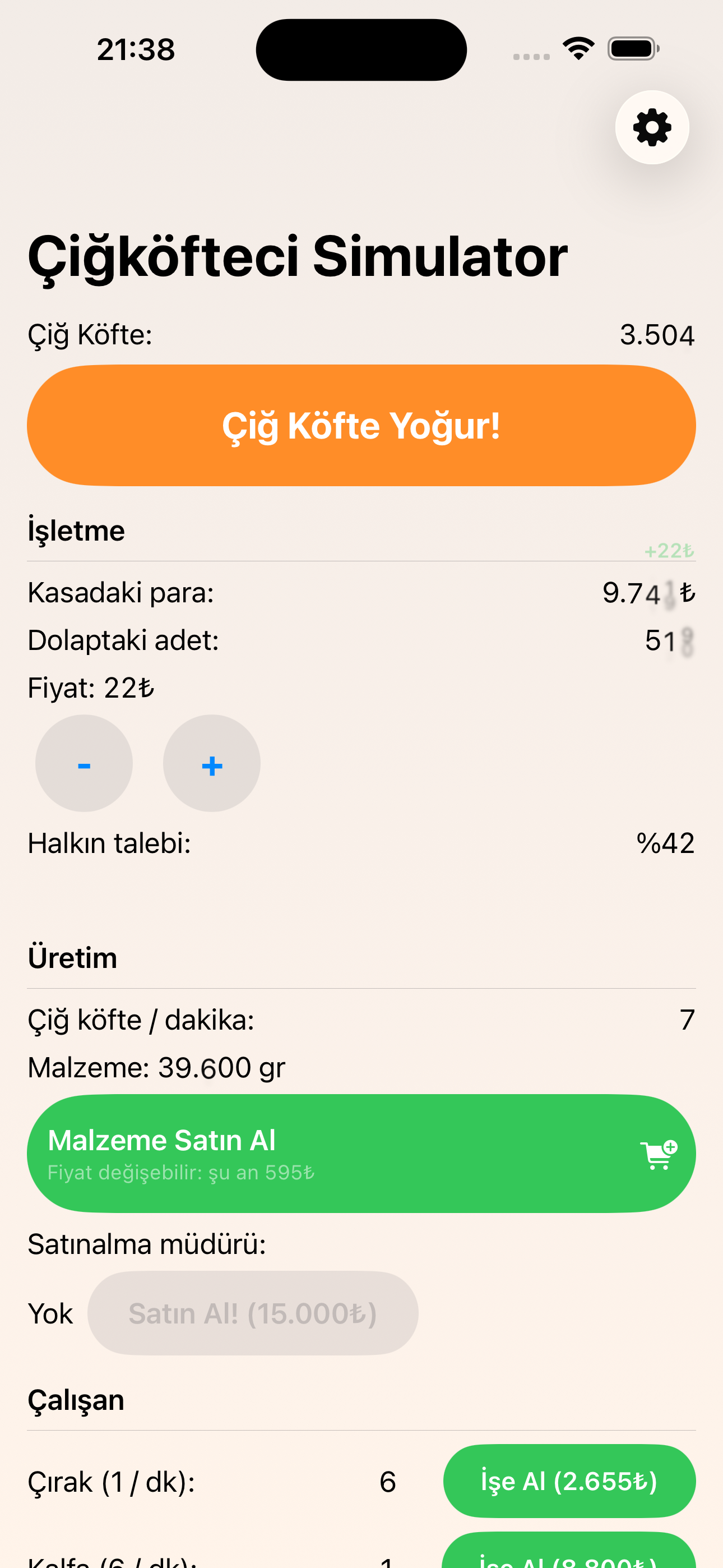Cigkofteci Simulator - Main app interface showing mahallenin en hızlı çiğköftecisini işlet Cigkofteci Simulator app main interface screenshot
