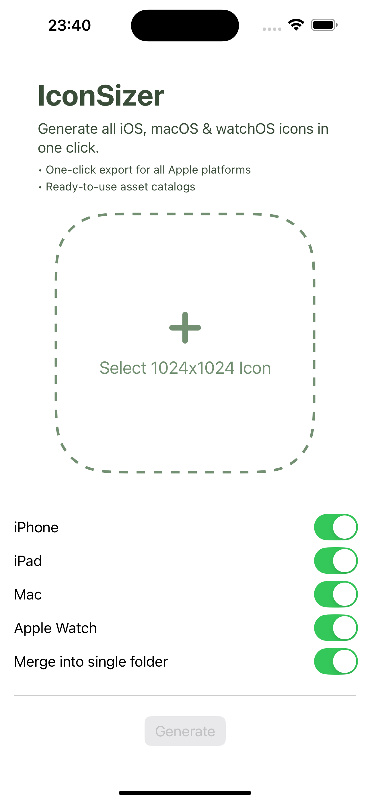 IconSizer - Main app interface showing instant app icon resizer IconSizer app main interface screenshot