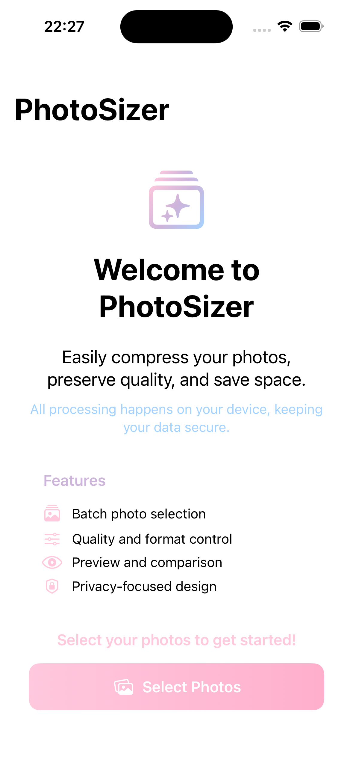 PhotoSizer - Main app interface showing compress and resize photos PhotoSizer app main interface screenshot