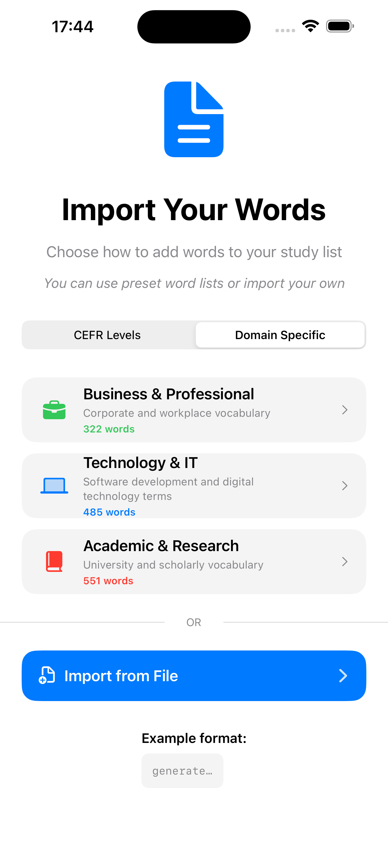 WordHabit - Main app interface showing offline flashcards & srs WordHabit app main interface screenshot